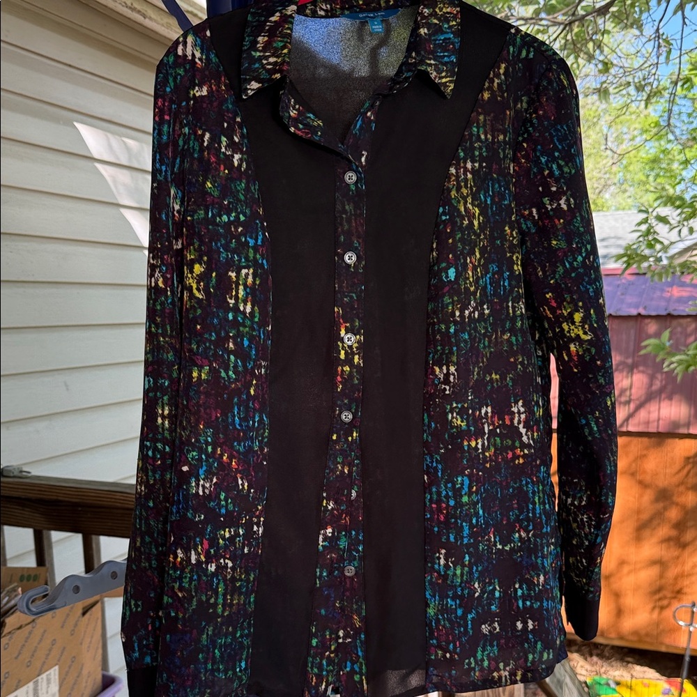 Derek Lam Women’s small Sheer Black area Multicolor Abstract Button-Up Blouse